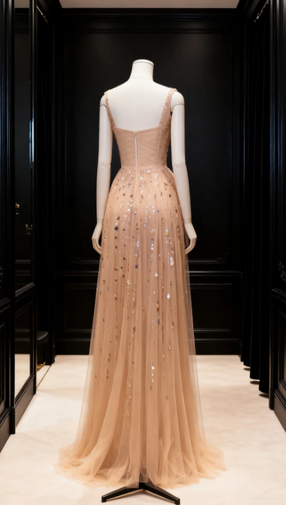 Sexy Straps A-Line Long Prom Dresses Beaded Tulle Champagne Evening Dresses Sleeveless Formal Dresses DP04062