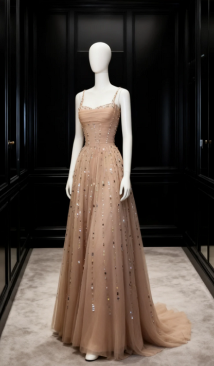 Sexy Straps A-Line Long Prom Dresses Beaded Tulle Champagne Evening Dresses Sleeveless Formal Dresses DP04062