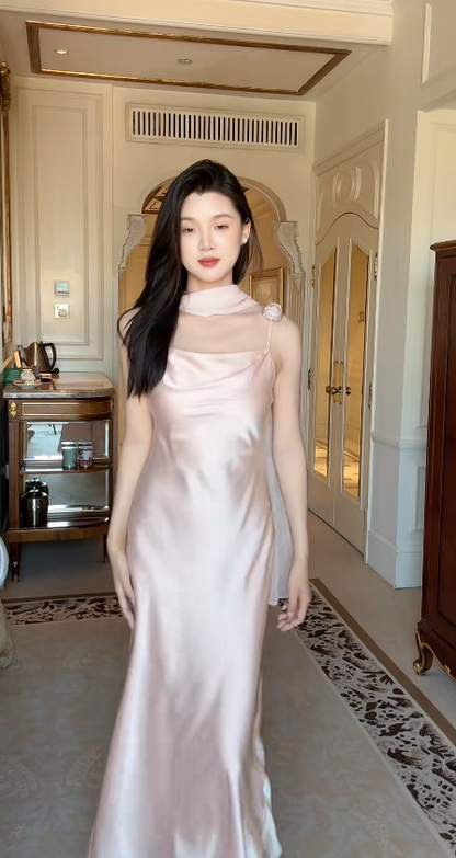 Chic Spaghetti Straps Sheath Long Prom Dresses Satin Light Pink Wedding Guest Dresses DP4138