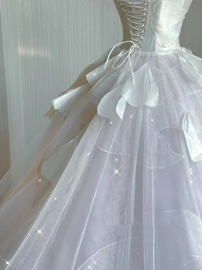 Timeless Ball Gown Strapless Long Tulle White Sweep Train Wedding Dresses Brides Dress DP414
