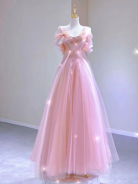 Classy Ball Gown Strapless Sleeveless Pink Beads High School Evening Dress Long Prom Dresses DP415