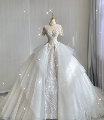 Unique Ball Gown High Neckline Lace Long White Wedding Dresses Summer Brides Dress DP416
