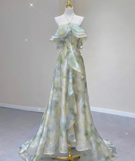 Edles A-Linie Neckholder Ärmelloses Chiffon High School Abendkleid Langes Grünes Ballkleid DP427