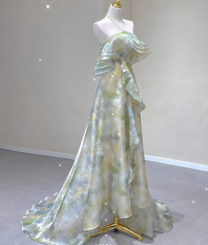 Edles A-Linie Neckholder Ärmelloses Chiffon High School Abendkleid Langes Grünes Ballkleid DP427