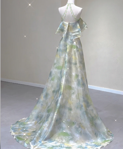 Edles A-Linie Neckholder Ärmelloses Chiffon High School Abendkleid Langes Grünes Ballkleid DP427