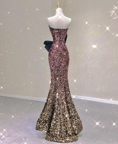 Pretty Mermaid Strapless Long Sequin Prom Dresses Graduation Dress High School Classy Evening Dresses DP428