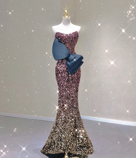 Pretty Mermaid Strapless Long Sequin Prom Dresses Graduation Dress High School Classy Evening Dresses DP428