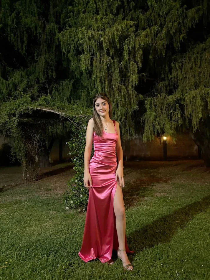 Chic Straps Sheath Long Prom Dresses Satin Pink Evening Dresses Sleeveless Birthday Dresses DP4291