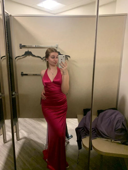 Sexy Halter Sheath Long Prom Dresses Satin Burgundy Evening Dresses Sleeveless Birthday Dresses DP4293