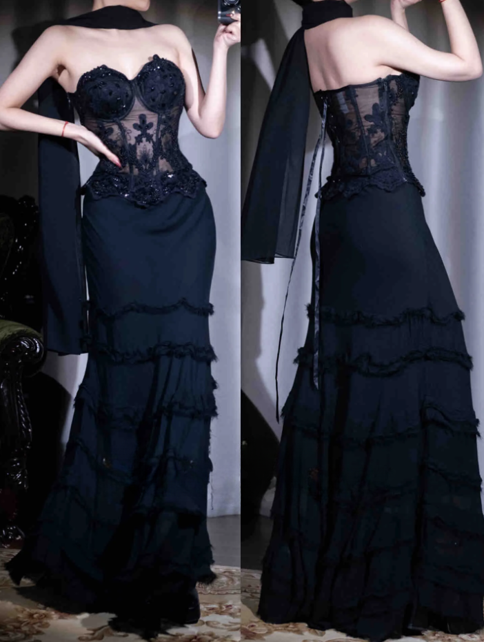 Elegant Strapless Sheath Long Prom Dresses Chiffon Black Evening Dresses Sleeveless Formal  Dresses DP4294