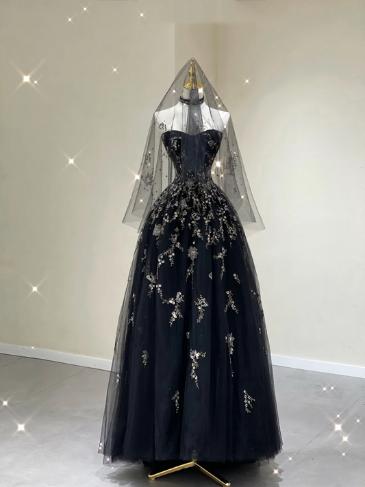 Pretty Ball Gown Strapless Black Tulle High School Graduation Dress Long Prom Dresses Evening Dresses DP431