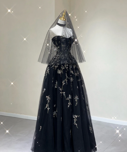 Pretty Ball Gown Strapless Black Tulle High School Graduation Dress Long Prom Dresses Evening Dresses DP431