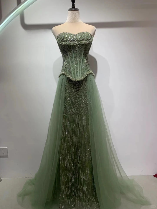 Chic Strapless Birthday Dresses A-line Green Long Prom Dresses Beaded Tulle Sleevless Bridesmaid Dresses DP4416