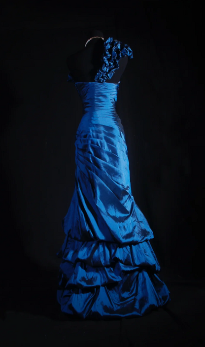 Fairy One-shoulder Birthday Dresses Mermaid Blue Long Prom Dresses Satin Sleevless Evening Dresses DP4426