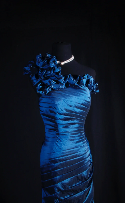 Fairy One-shoulder Birthday Dresses Mermaid Blue Long Prom Dresses Satin Sleevless Evening Dresses DP4426