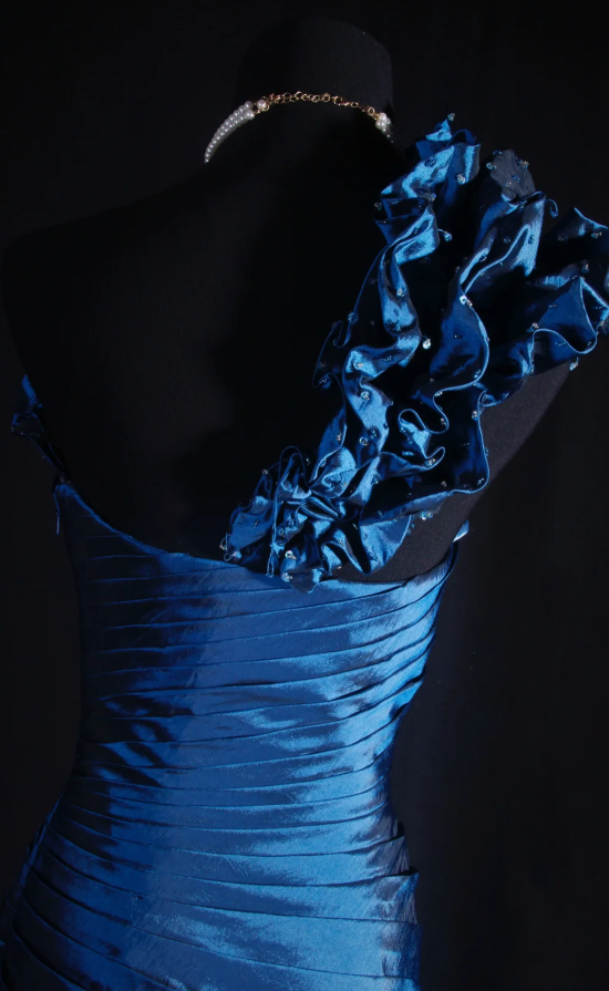 Fairy One-shoulder Birthday Dresses Mermaid Blue Long Prom Dresses Satin Sleevless Evening Dresses DP4426