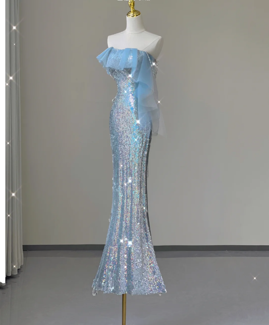Pretty Mermaid Strapless Blue Sequin Long Silver Prom Dresses Evening Dresses DP450