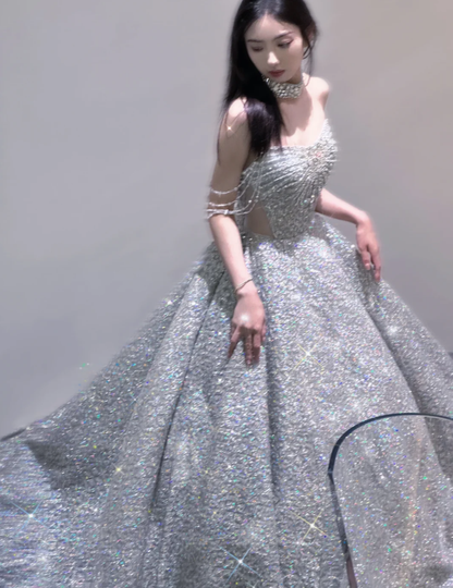 Pretty Ball Gown Strapless Sequin Long Silver Prom Dresses Sparkly Evening Dresses DP451