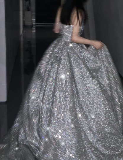 Pretty Ball Gown Strapless Sequin Long Silver Prom Dresses Sparkly Evening Dresses DP451