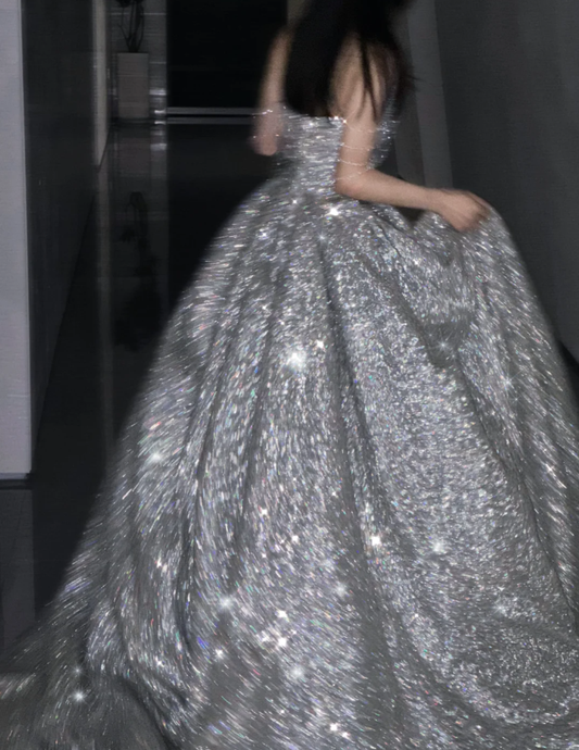 Pretty Ball Gown Strapless Sequin Long Silver Prom Dresses Sparkly Evening Dresses DP451