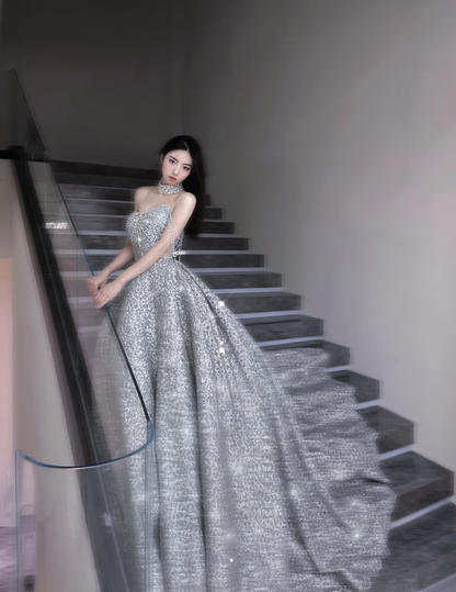 Pretty Ball Gown Strapless Sequin Long Silver Prom Dresses Sparkly Evening Dresses DP451