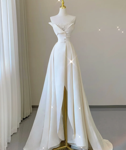Unique A line Strapless Neckline Satin Long Wedding Dresses White Brides Dress DP459
