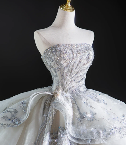 Robe de mariée longue blanche à paillettes, robe de bal intemporelle, sans bretelles, DP460