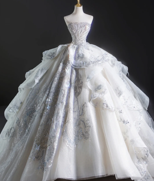 Robe de mariée longue blanche à paillettes, robe de bal intemporelle, sans bretelles, DP460