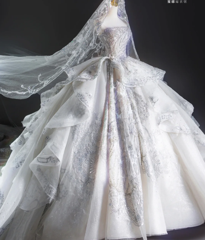 Robe de mariée longue blanche à paillettes, robe de bal intemporelle, sans bretelles, DP460