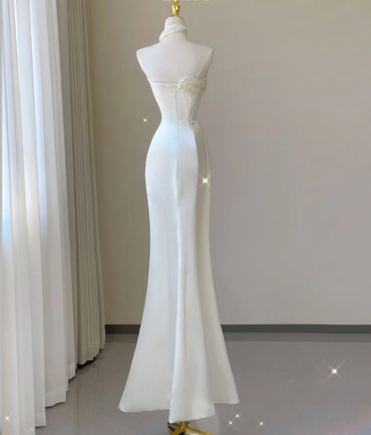 Robe de mariée sirène élégante et chic, asymétrique épaule dénudée, longue robe en satin blanc, DP462