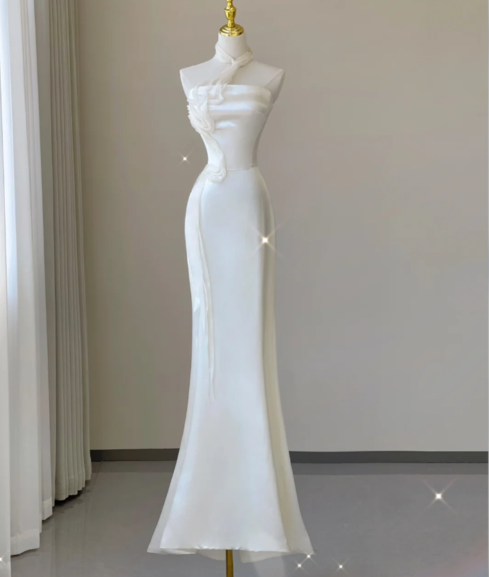 Robe de mariée sirène élégante et chic, asymétrique épaule dénudée, longue robe en satin blanc, DP462