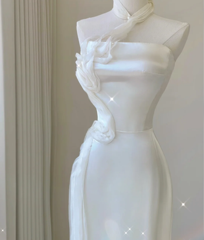 Robe de mariée sirène élégante et chic, asymétrique épaule dénudée, longue robe en satin blanc, DP462