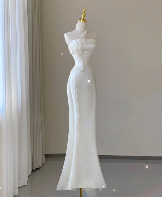 Robe de mariée sirène élégante et chic, asymétrique épaule dénudée, longue robe en satin blanc, DP462
