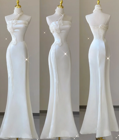 Robe de mariée sirène élégante et chic, asymétrique épaule dénudée, longue robe en satin blanc, DP462
