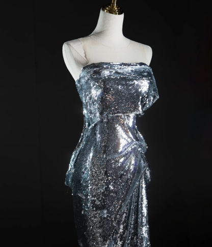 Pretty Mermaid Strapless Sleeveless Sequin Long Silver Prom Dresses Simple Evening Dresses DP463