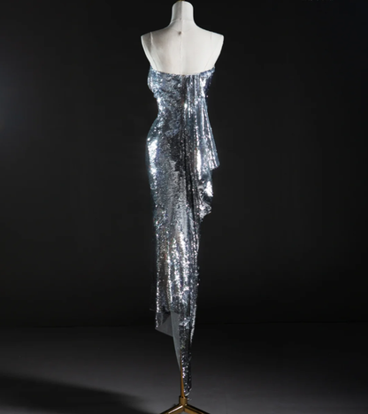 Pretty Mermaid Strapless Sleeveless Sequin Long Silver Prom Dresses Simple Evening Dresses DP463