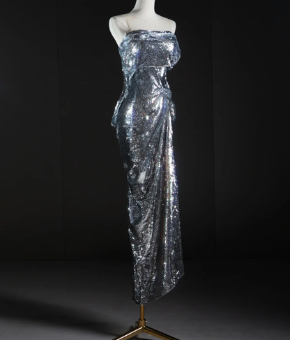 Pretty Mermaid Strapless Sleeveless Sequin Long Silver Prom Dresses Simple Evening Dresses DP463