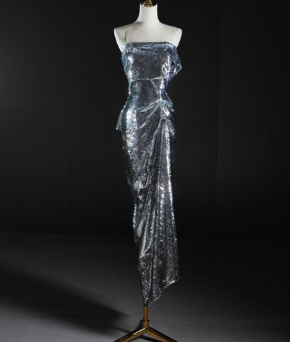 Pretty Mermaid Strapless Sleeveless Sequin Long Silver Prom Dresses Simple Evening Dresses DP463