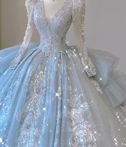 Robe de mariée intemporelle à manches longues et décolleté en V, paillettes bleues, DP465