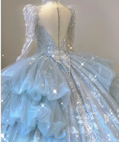 Robe de mariée intemporelle à manches longues et décolleté en V, paillettes bleues, DP465