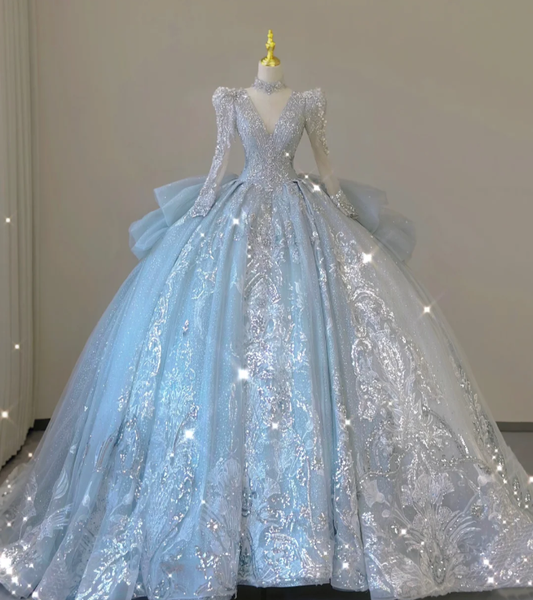 Robe de mariée intemporelle à manches longues et décolleté en V, paillettes bleues, DP465