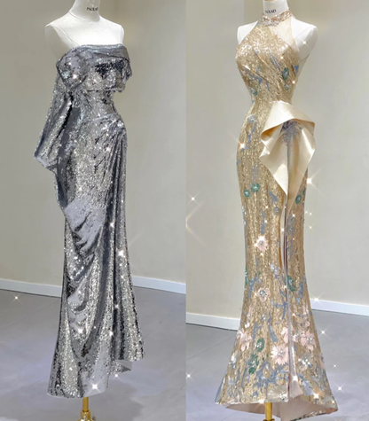 Pretty Mermaid Strapless Sleeveless Sequin Long Prom Dresses Simple Evening Dresses DP466