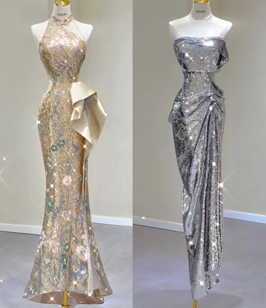 Pretty Mermaid Strapless Sleeveless Sequin Long Prom Dresses Simple Evening Dresses DP466