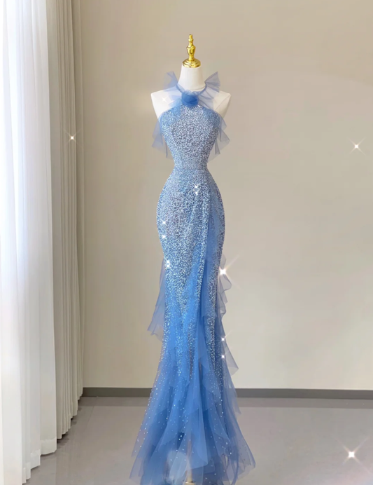 Pretty Mermaid Halter Blue Sequin Sleeveless Long Prom Dresses Evening Dresses DP469