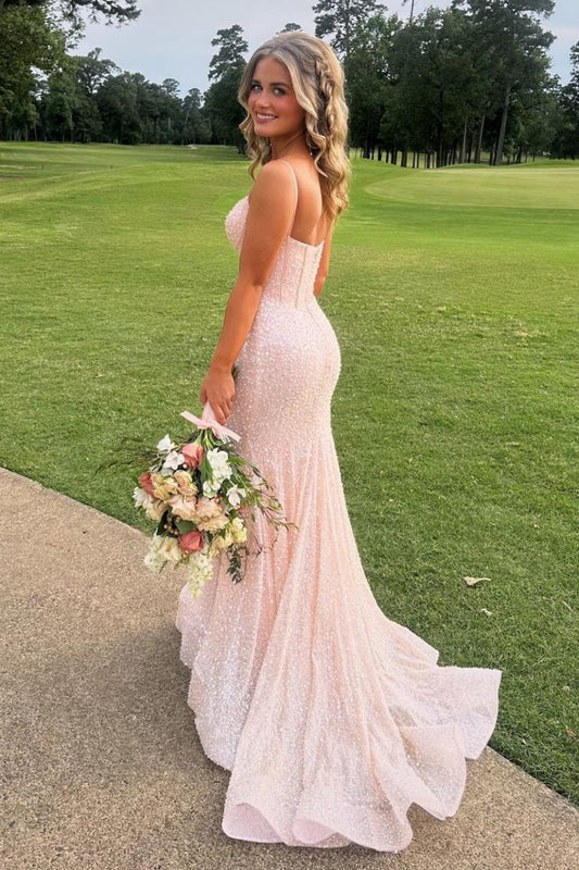 Classy Plunge Neck Blush Pink Sequin Mermaid Long Prom Dresses Graduation Dress DP474