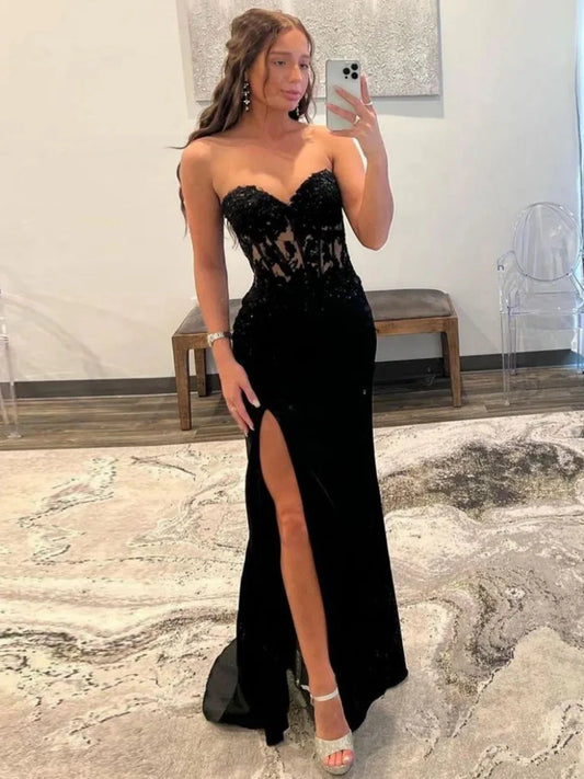 Classy Sweetheart Neck Black Lace Prom Dresses Black Lace Mermaid Formal Evening Dresses Graduation Dress DP475