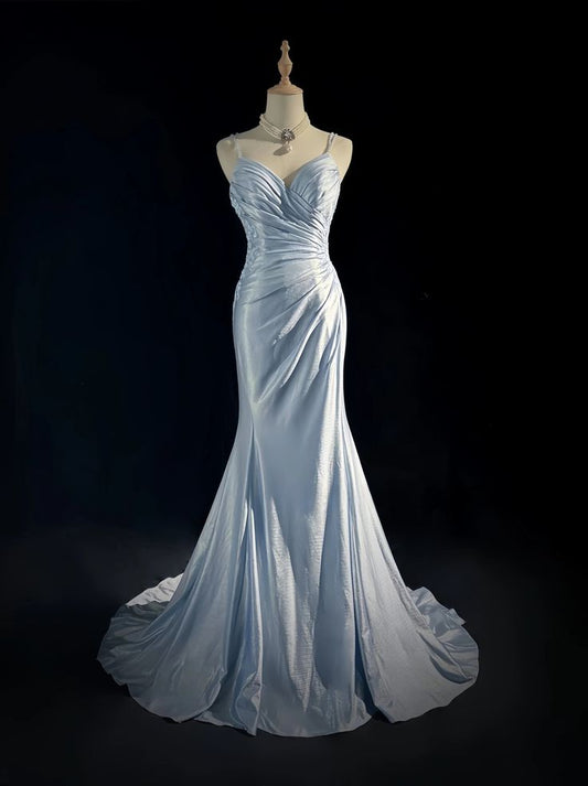 Robe de bal élégante et élégante, bleue, à bretelles spaghetti, plissée, décolleté en cœur, dos nu, DP479
