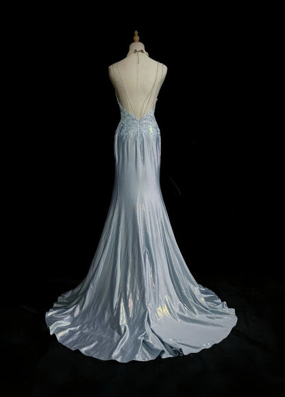 Robe de bal élégante et élégante, bleue, à bretelles spaghetti, plissée, décolleté en cœur, dos nu, DP479