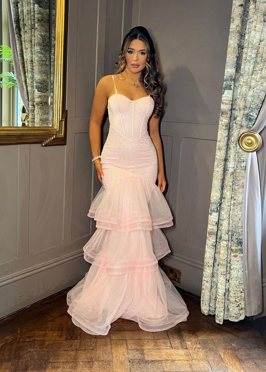 Pretty Pink Long Mermaid Prom Dress with Spaghetti Straps Graduation Dress DP481