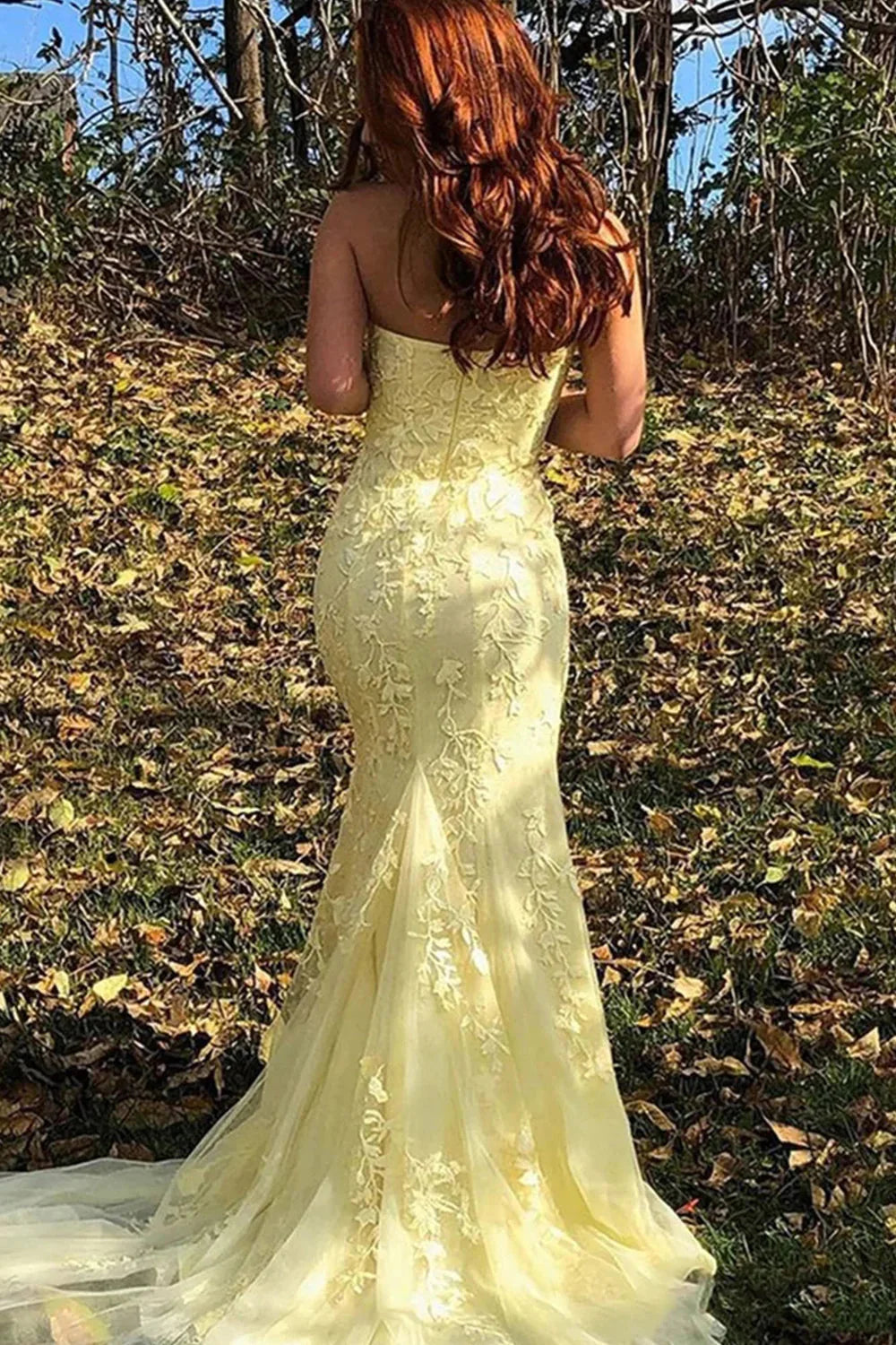 Pretty Strapless Prom Dress Mermaid Lace Long Evening Dress with Split Graduation Dress DP483